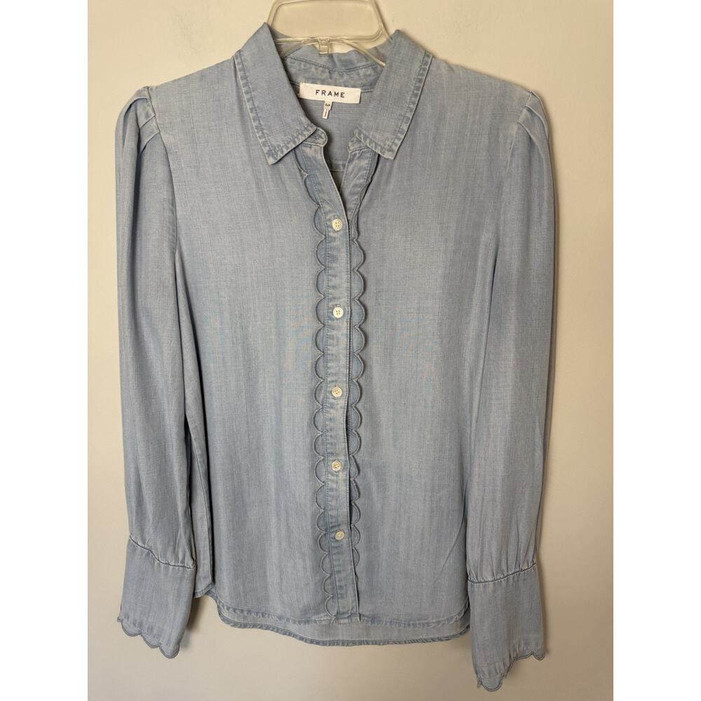 Frame Soft Chambray Tencel Button Down Scallop Long Sleeve Blouse Sz S $245 - Picture 6 of 9